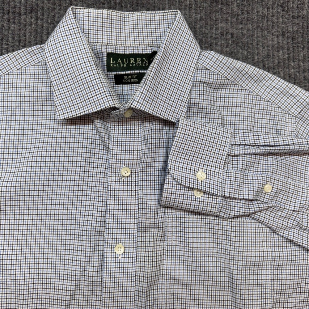 Lauren Ralph Lauren Mens 16.5 34/35 Slim Fit Blue Check Non Iron Shirt